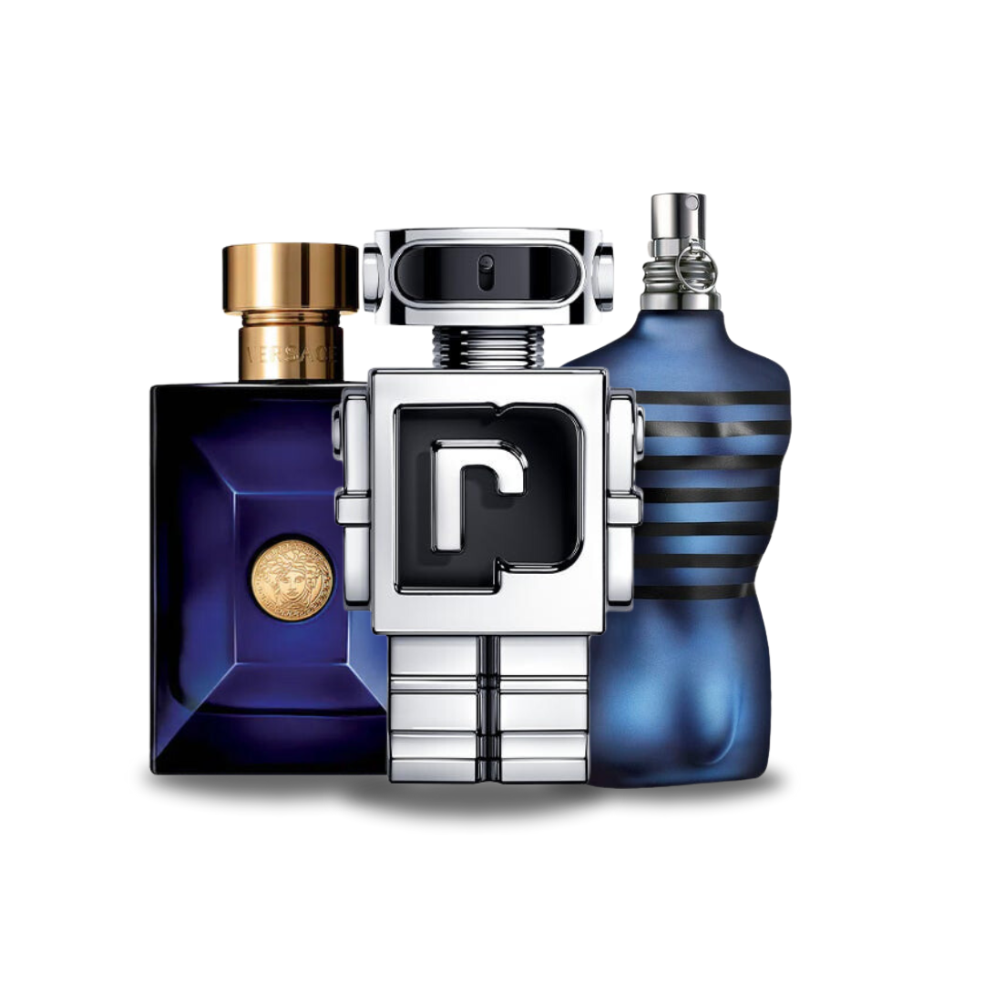 3er-Pack Parfums: Versace DYLAN BLUE, Paco Rabanne PHANTOM & Jean Paul Gaultier ULTRA MALE (Eau de Parfum) – 100 ml
