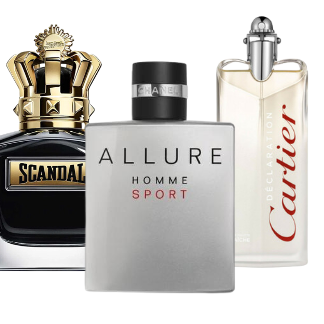 3er-Pack Parfums: Allure Homme Sport, Jean Paul Gaultier Scandal, Cartier Déclaration – Eau de Parfum (je 100 ml)